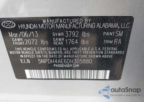 2013 Hyundai Elantra Gls z USA, uszkodzony, nr VIN 5NPDH4AE6DH305880